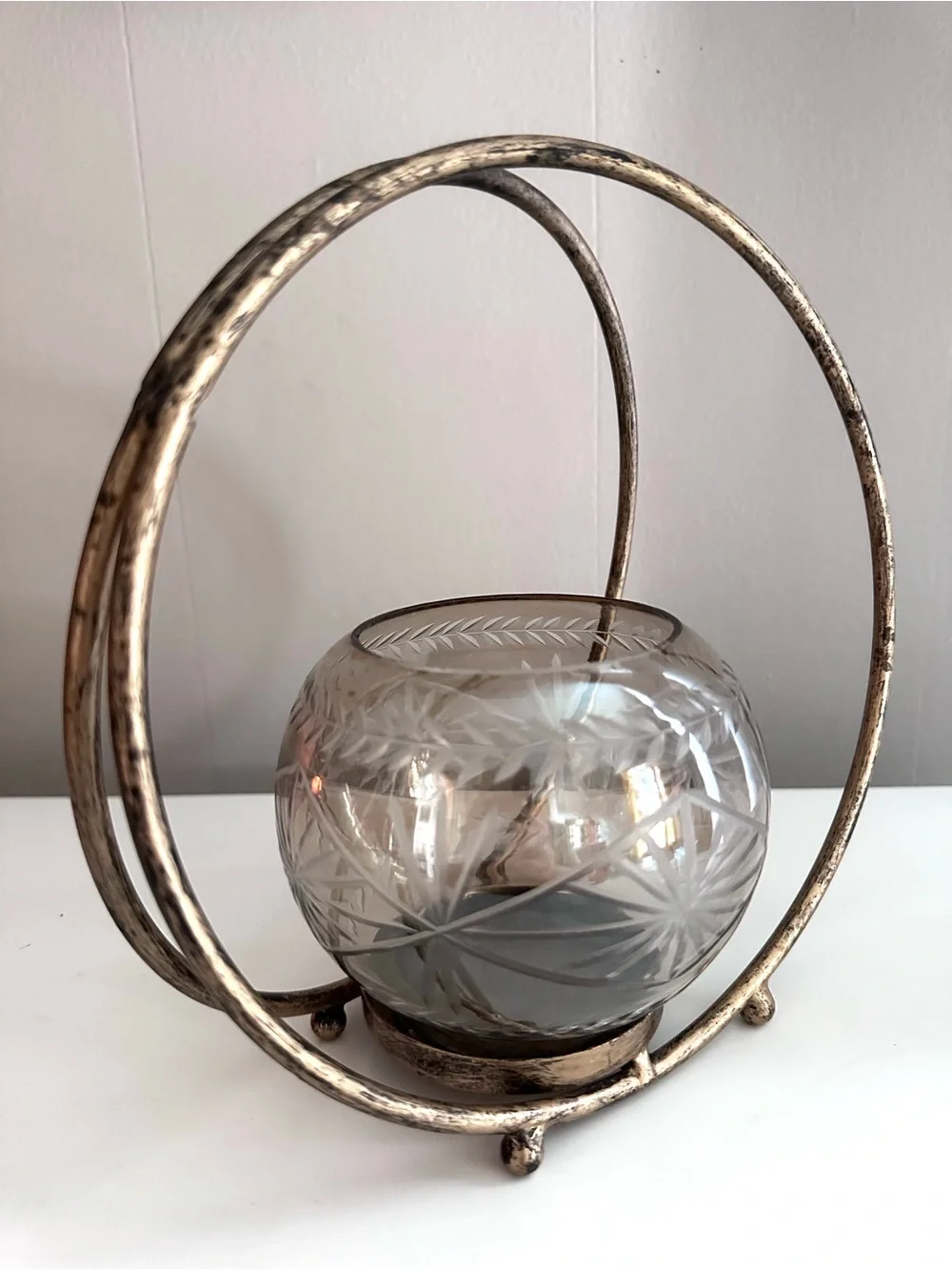 Etched Glass Globe With Distressed Brass Hoop Frame - Candle Holder or Planter